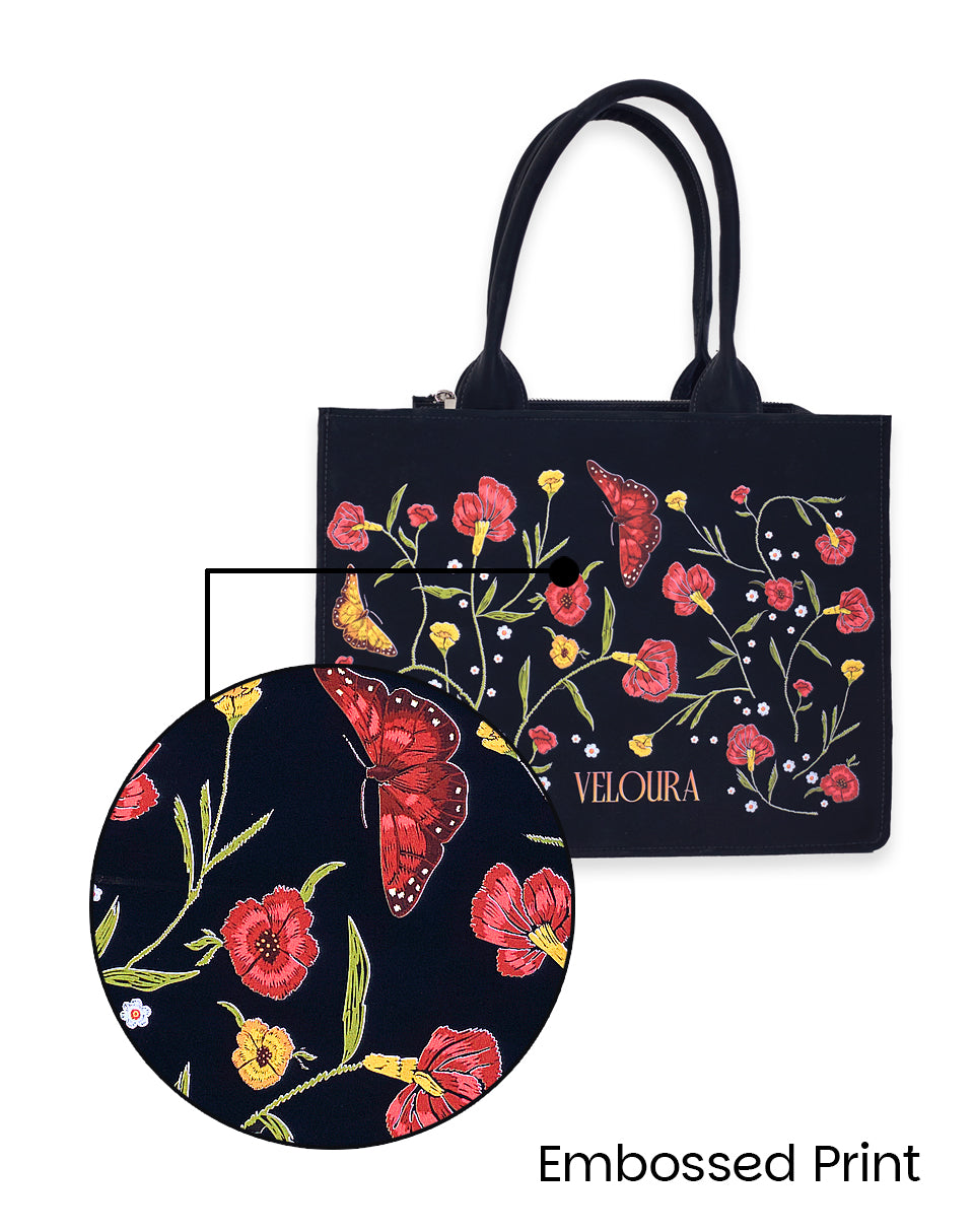 Flower with Butterfly & Leaf Pattern Tote Bag