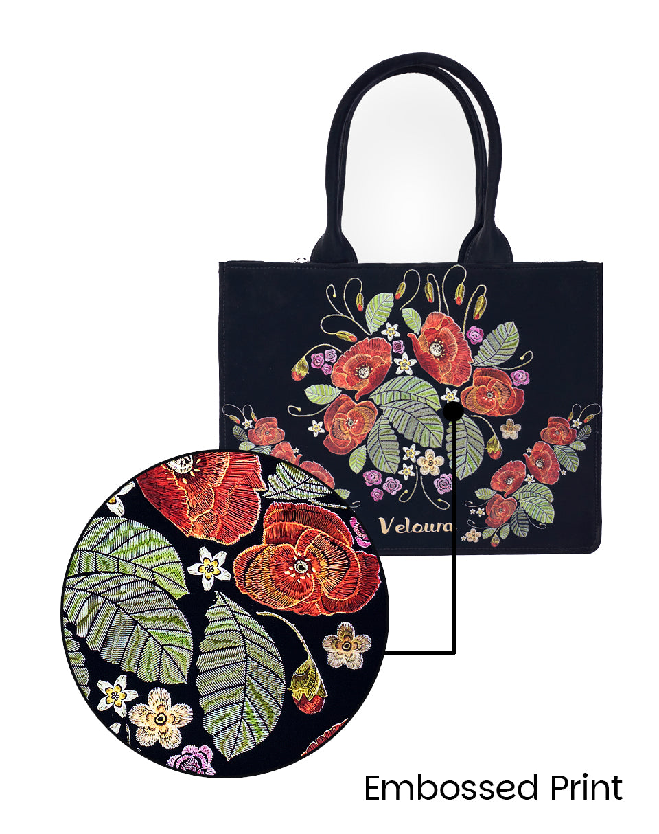 Rose with Leaf Embroidery Look Tote Bag