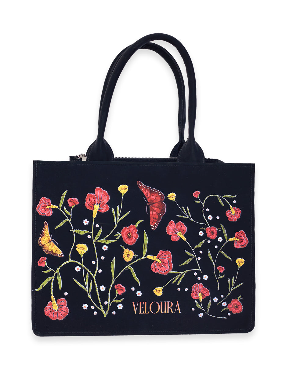 Flower with Butterfly & Leaf Pattern Tote Bag