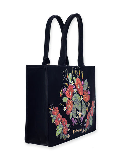 Rose with Leaf Embroidery Look Tote Bag