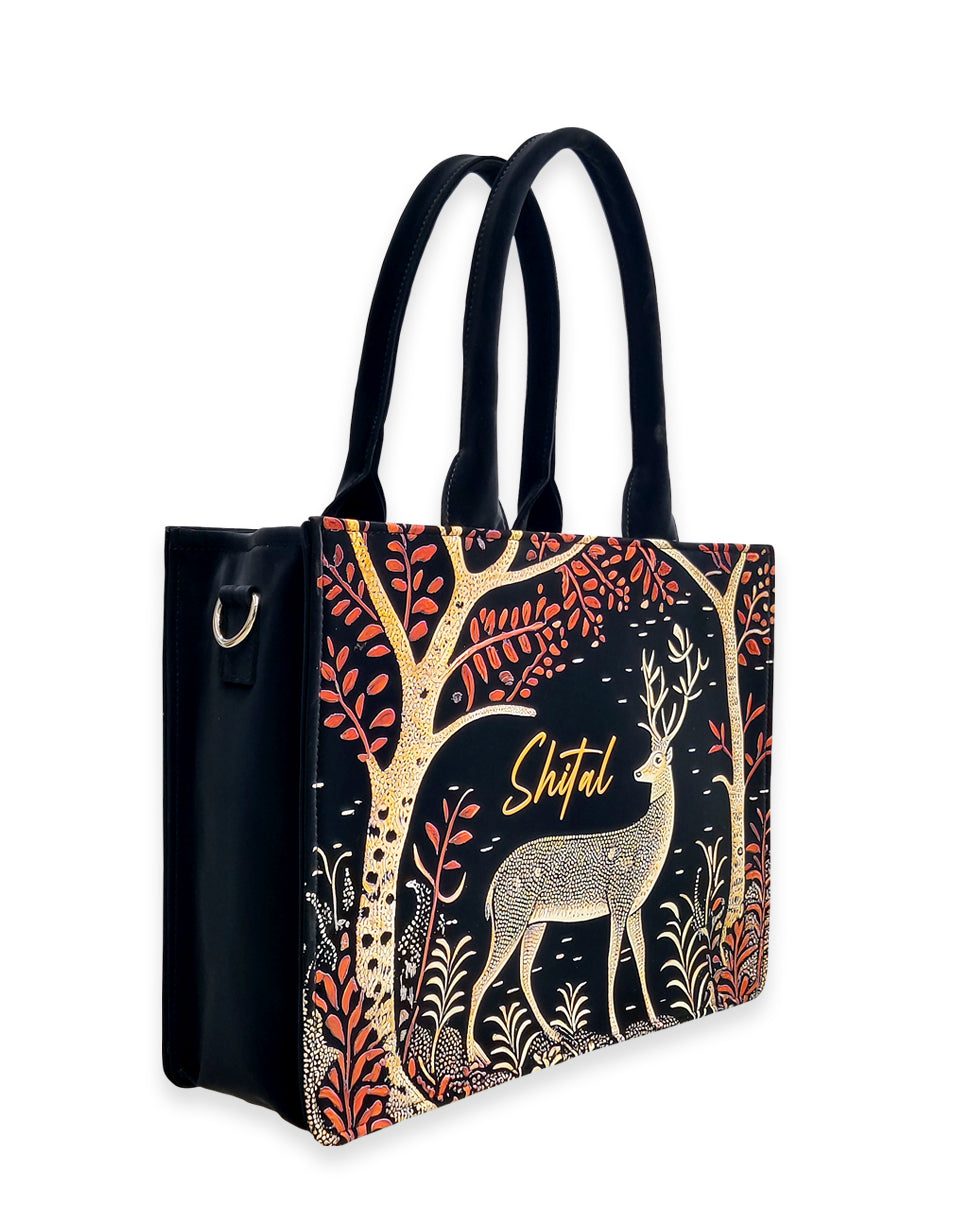 Deer with Red Tree Tote Bag