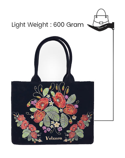 Rose with Leaf Embroidery Look Tote Bag