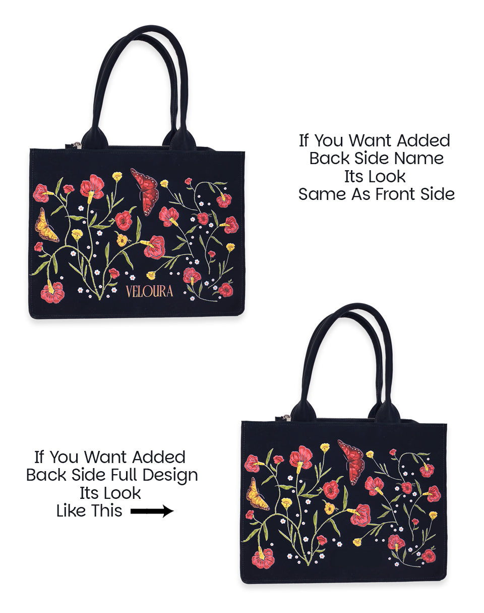 Flower with Butterfly & Leaf Pattern Tote Bag