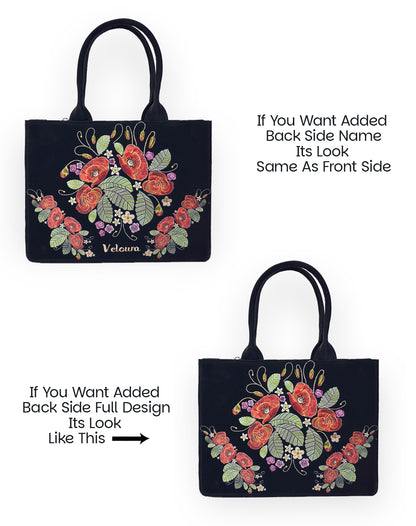 Rose with Leaf Embroidery Look Tote Bag