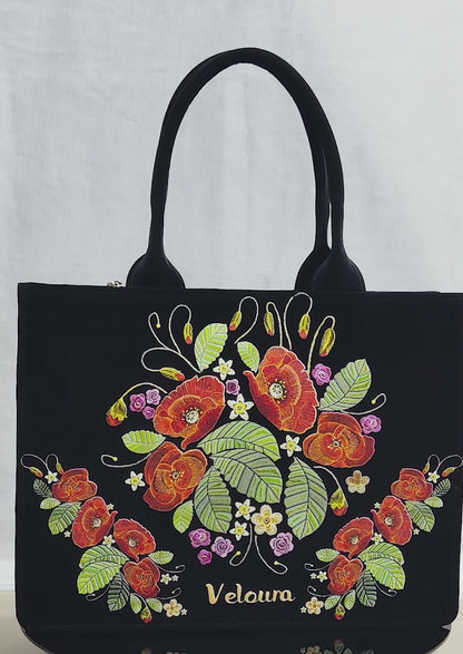 Rose with Leaf Embroidery Look Tote Bag