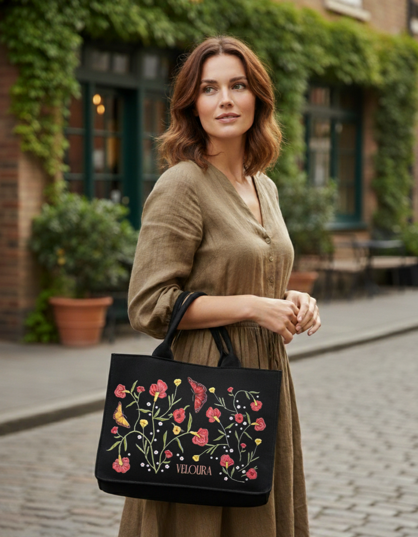 Flower with Butterfly & Leaf Pattern Tote Bag